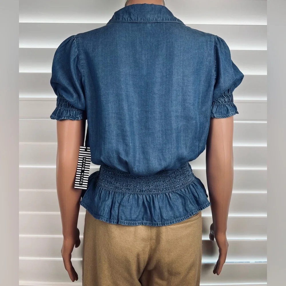 NWT- Chambray Smocked Blouse Sz S by Haute Monde - Picture 3 of 8